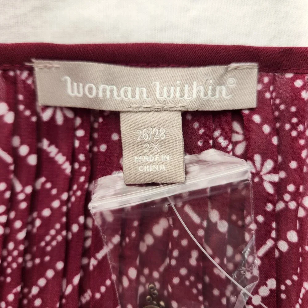 WOMAN WITHIN Flowy Crinkle Pink/White Studs Bell Sleeve Tunic Blouse Top Size 2X - Picture 11 of 16